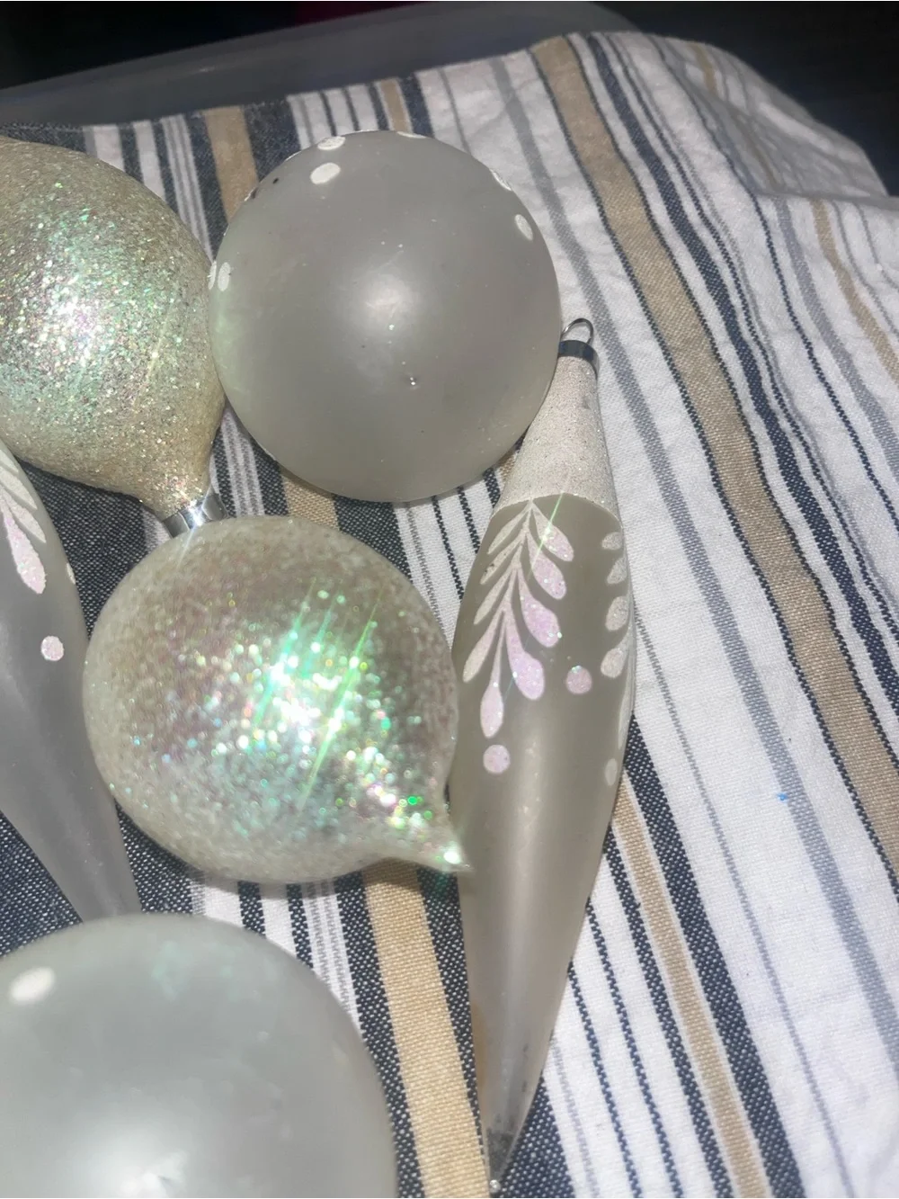 Hand-Painted Gray and Glitter Christmas Ornaments - Set of VTG Glass 166